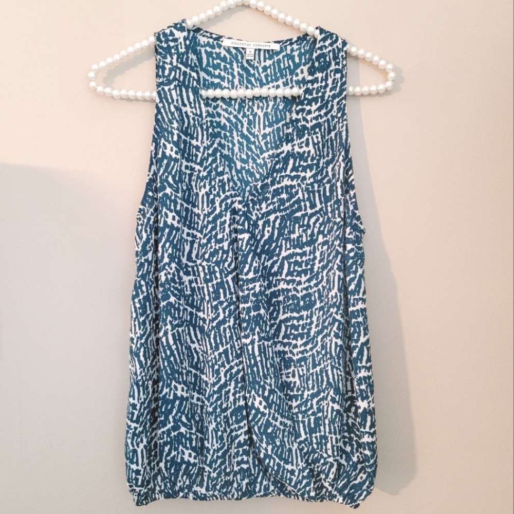 Collective Concepts Teal and White Abstract Blouse